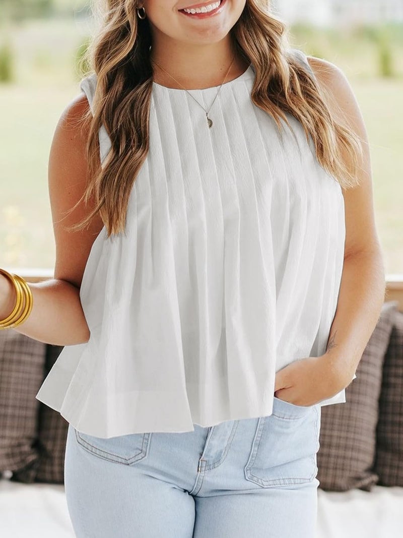 Cicy Bell Pleated Peplum Tank Tops for Women Summer Casual Sleeveless Womens Babydoll Blouse Flowy Cotton Shirt White - Image 4