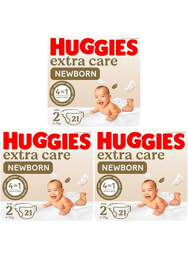HUGGIES Extra Care Newborn Size 2 4 6 Kg Carry Pack 21 Diapers (Pack Of 3) - Image 1