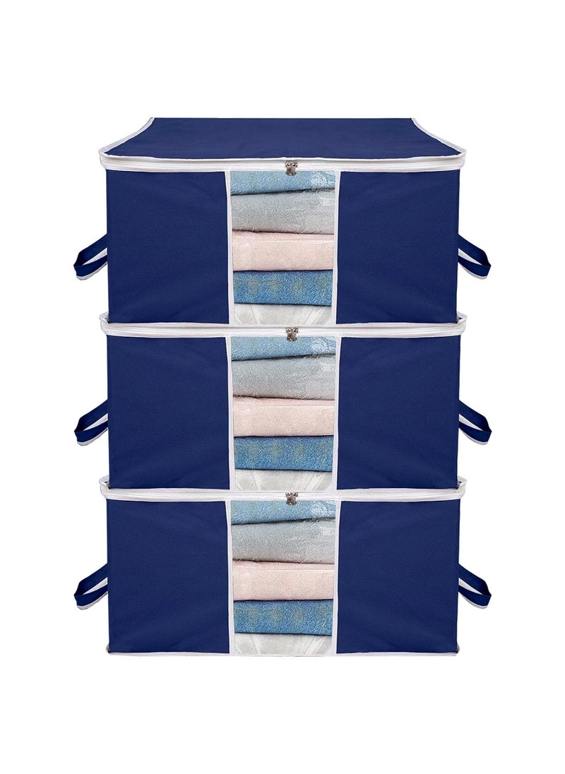AARON INC AARON INC Blanket Cover Underbed Storage Bag Clothes Storage Organizer with Window Zipper Closure Handle Cloth Organiser Duvet Cover Leheriya Design Large Capacity Pack of 3 Blue  - Image 1