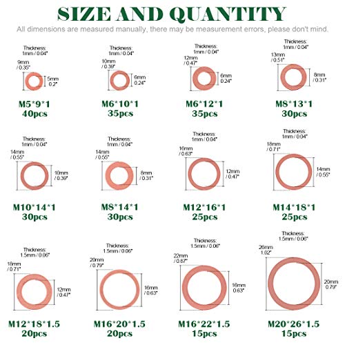 Keadic مجموعة كيديك من 320 قطعة من حلقات النحاس، 12 حجم من حلقات الضغط النحاسية، حلقات ختم النحاس، حلقة مسطحة لمقبس الزيت، طقم حشوات مسطحة لمجموعة متنوعة للاستخدامات السيارات M6 M8 M10 M12 M14 M16 M18 M20 - Image 2