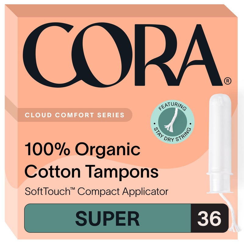 cora Organic Applicator Tampons Super Absorbency 100 Organic Cotton Unscented BPAFree Compact Applicator Leak Protection Easy Insertion Packaging May Vary 36 Total - Image 1