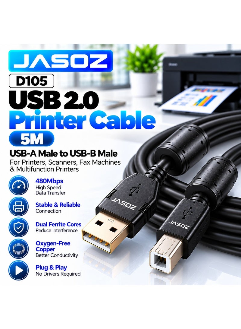 JASOZ D105 USB 2.0 Printer Cable 5M, USB-A Male to USB-B Male High Speed Cable, 480Mbps Data Transfer, Multi-Layer Shielding with Dual Ferrite Cores, Oxygen-Free Copper & Durable PVC Jacket, Plug & Play @ Printer, Scanner, Fax Machine & Multifunction Printer - Image 1