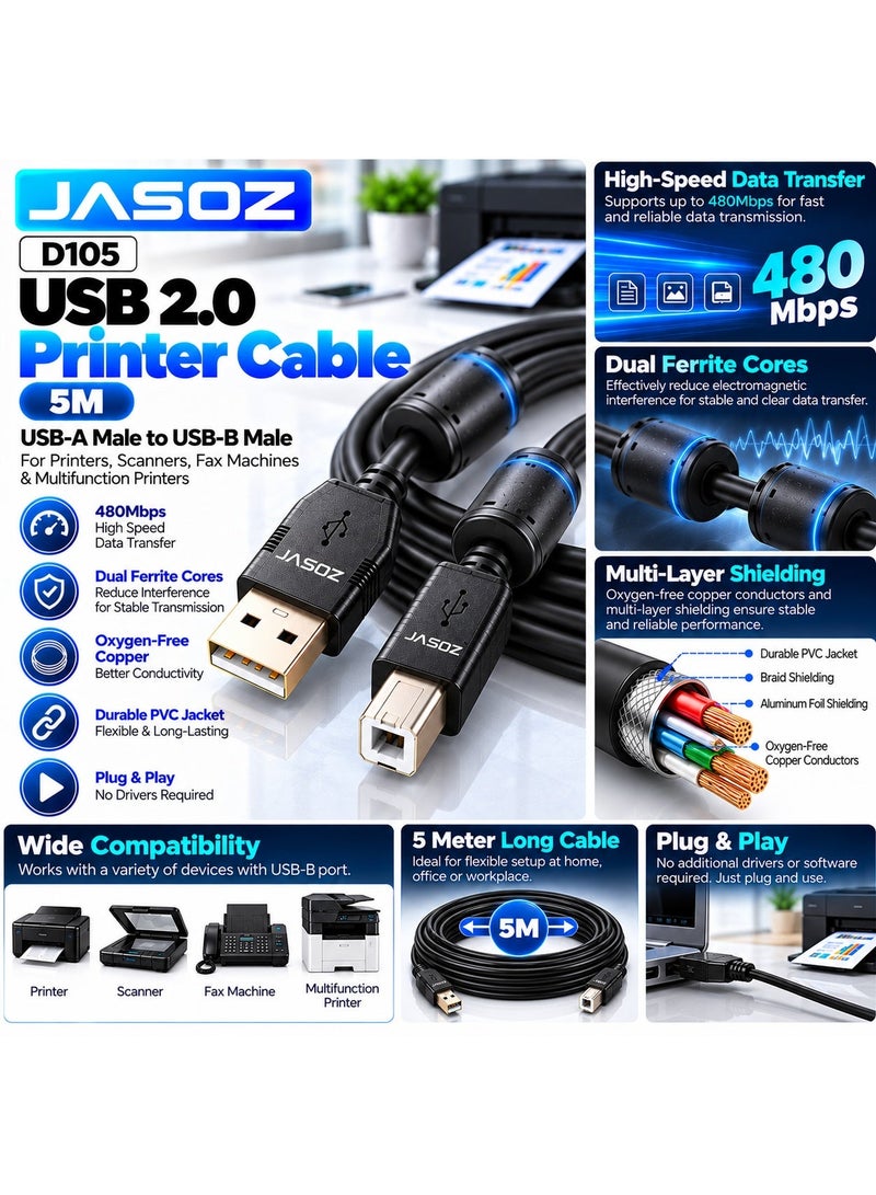 JASOZ D105 USB 2.0 Printer Cable 5M, USB-A Male to USB-B Male High Speed Cable, 480Mbps Data Transfer, Multi-Layer Shielding with Dual Ferrite Cores, Oxygen-Free Copper & Durable PVC Jacket, Plug & Play @ Printer, Scanner, Fax Machine & Multifunction Printer - Image 2