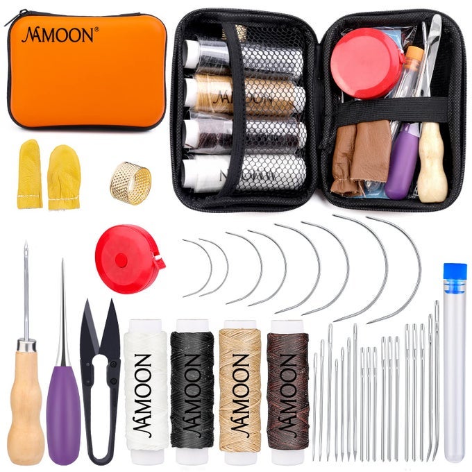 38PCS UPHOLSTERY REPAIR KIT INCLUDES SEWING THREAD AND NEEDLES AWL THIMBLE LEATHER SEWING NEEDLES KIT FOR UPHOLSTERY LEATHER CARPET CANVAS REPAIR FOR LEATHER REPAIR