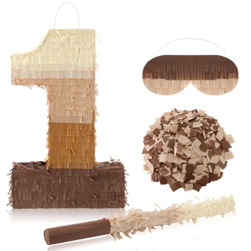 Arrowbash Brown Number 1 Pinata with Stick Blindfold Confetti Brown Gradient Piata 16 x 11 x 3 in Fillable Hanging Decoration for 1st Birthday Party Anniversary Supplies and Decorations - Image 1