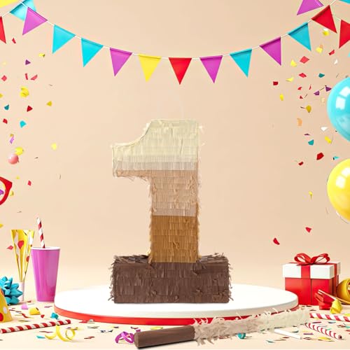 Arrowbash Brown Number 1 Pinata with Stick Blindfold Confetti Brown Gradient Piata 16 x 11 x 3 in Fillable Hanging Decoration for 1st Birthday Party Anniversary Supplies and Decorations - Image 5