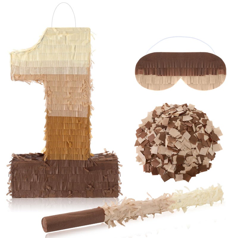 Arrowbash Brown Number 1 Pinata with Stick Blindfold Confetti Brown Gradient Piata 16 x 11 x 3 in Fillable Hanging Decoration for 1st Birthday Party Anniversary Supplies and Decorations - Image 3