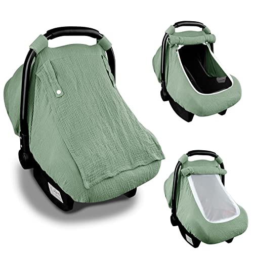 Hooyax Muslin Car Seat Covers for Babies, Summer Baby Car Seat Cover for Boys Girls with Breathable Window, Lightweight Infant Car Seat Canopy, Green - Image 1