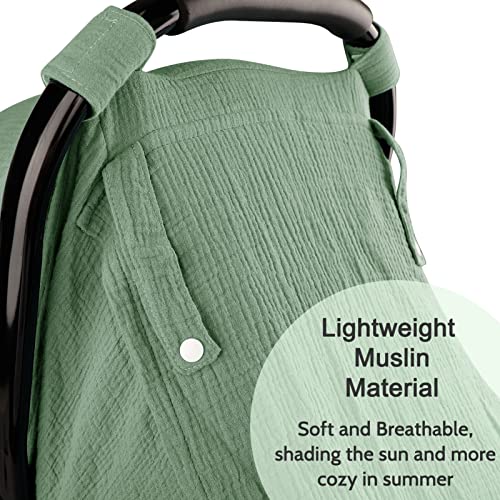 Hooyax Muslin Car Seat Covers for Babies, Summer Baby Car Seat Cover for Boys Girls with Breathable Window, Lightweight Infant Car Seat Canopy, Green - Image 2