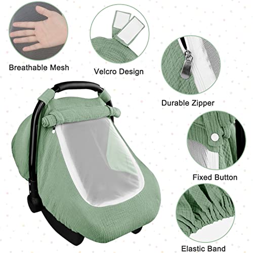 Hooyax Muslin Car Seat Covers for Babies, Summer Baby Car Seat Cover for Boys Girls with Breathable Window, Lightweight Infant Car Seat Canopy, Green - Image 3
