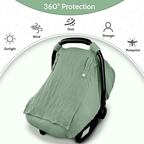 Hooyax Muslin Car Seat Covers for Babies, Summer Baby Car Seat Cover for Boys Girls with Breathable Window, Lightweight Infant Car Seat Canopy, Green - Image 4