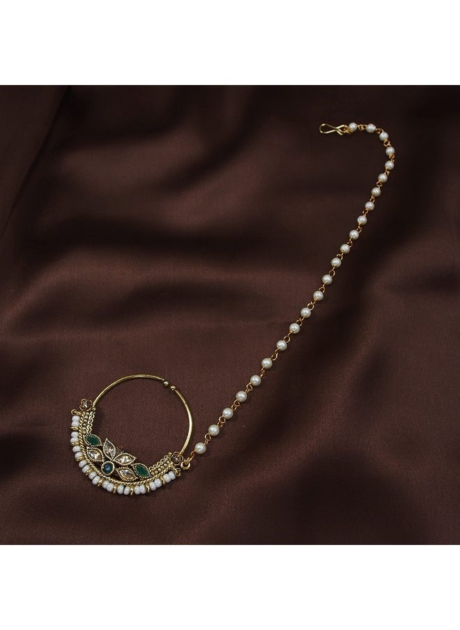 I Jewels I Jewels 18k Gold Plated Traditional Ethnic Bridal Nose Ring/Nath without piercing with Pearl Chain Encased with Pearl Stone for Women/Girls (NL41G)  - Image 2