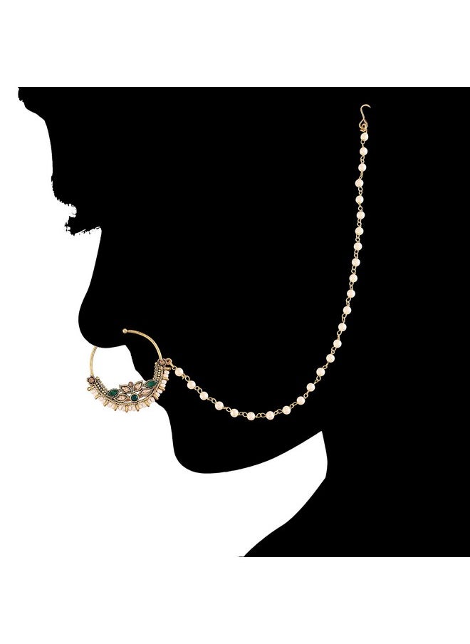 I Jewels I Jewels 18k Gold Plated Traditional Ethnic Bridal Nose Ring/Nath without piercing with Pearl Chain Encased with Pearl Stone for Women/Girls (NL41G)  - Image 3