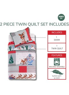 Franco Franco Rudolph The Red Nose Reindeer Holiday & Christmas Quilt Bedding Super Soft 2 Piece Pillow Sham and Quilt Set, Twin Size 68" x 86"  - Image 2