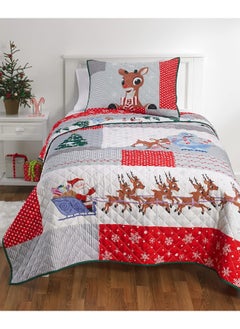 Franco Franco Rudolph The Red Nose Reindeer Holiday & Christmas Quilt Bedding Super Soft 2 Piece Pillow Sham and Quilt Set, Twin Size 68" x 86"  - Image 4