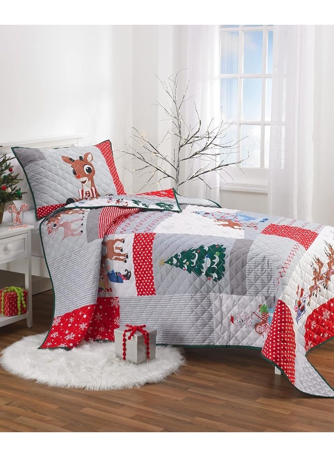Franco Franco Rudolph The Red Nose Reindeer Holiday & Christmas Quilt Bedding Super Soft 2 Piece Pillow Sham and Quilt Set, Twin Size 68" x 86"  - Image 3