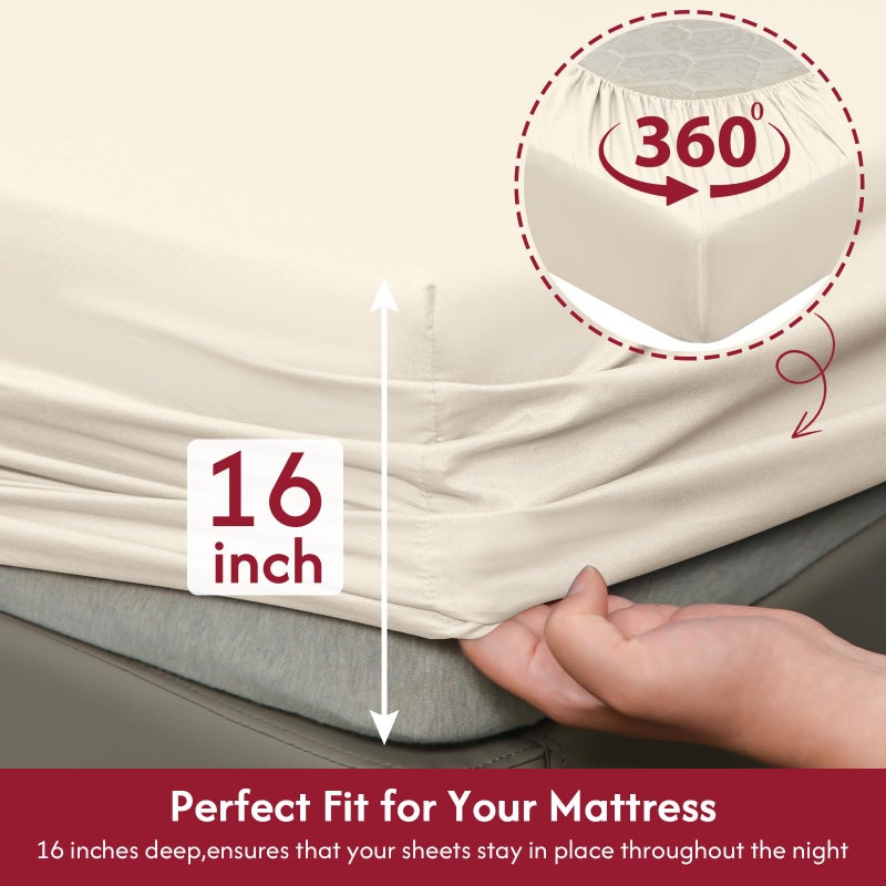 LONAVA Full Size Sheet Set - 6 Piece Hotel Luxury Wrinkle-Free Microfiber Sheet  Oeko-TEX Certified  Breathable & Elastic  16"" Deep Pockets  Cream - Image 3