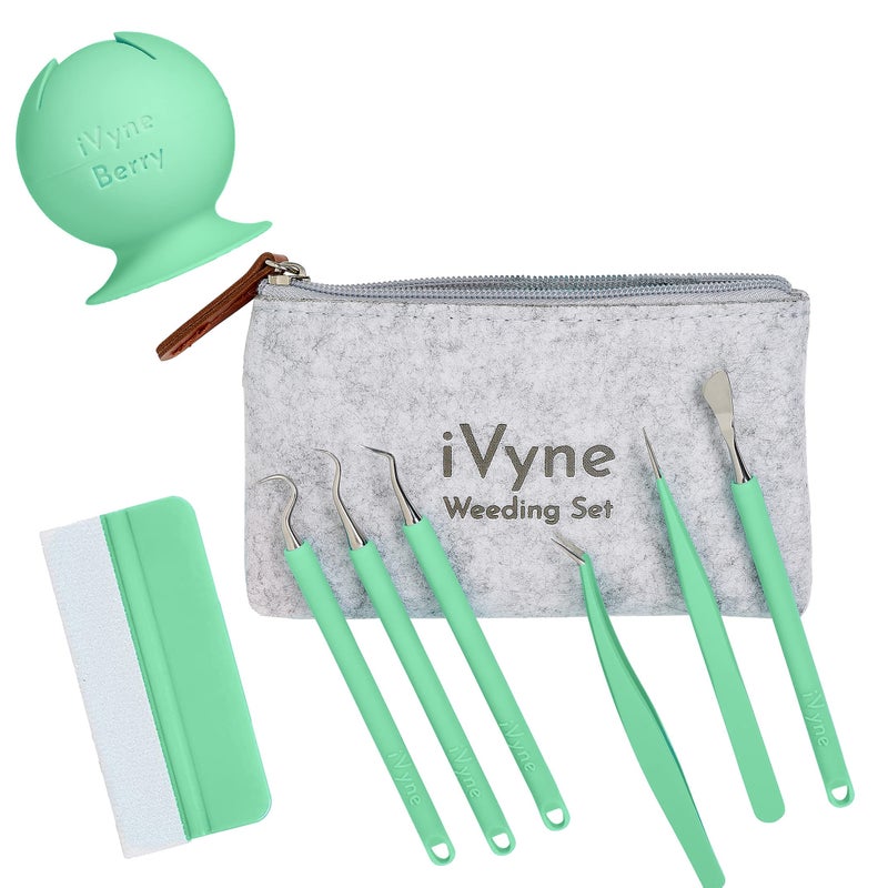 iVyne (8pcs) Premium Vinyl Weeding Tool Kit & Weeding Scrap Collector Soft Grip Tools with Berry, Weeder, Tweezers, Picker Or Hook, and Scraper Set for Silhouette Cameos & Cricut - Blue - Image 1