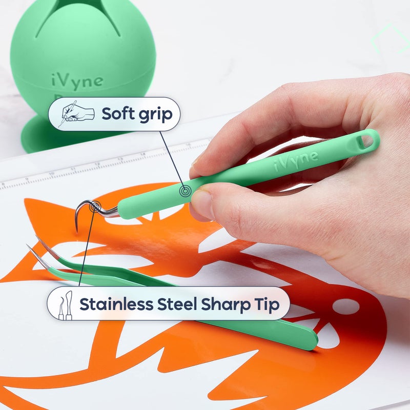 iVyne (8pcs) Premium Vinyl Weeding Tool Kit & Weeding Scrap Collector Soft Grip Tools with Berry, Weeder, Tweezers, Picker Or Hook, and Scraper Set for Silhouette Cameos & Cricut - Blue - Image 3