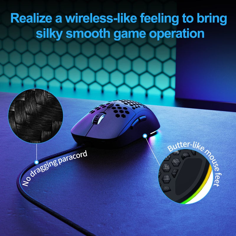 TMKB Technology Mechanical KeyBoard فأرة الألعاب خفيفة الوزن TMKB Falcon M1SE بتصميم خلية النحل، مستشعر بصري عالي الدقة 12800DPI، 6 أزرار قابلة للبرمجة، RGB قابلة للتخصيص، حبل بارا كورد خالي من السحب، فأرة ألعاب سلكية مريحة - أسود غير لامع - Image 5