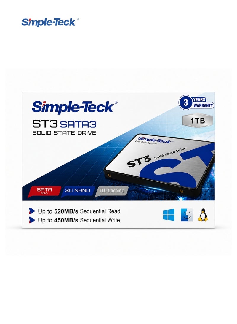 Simple-Teck ST3 1TB 2.5" SATA III Internal SSD | Up to 520MB/s Read & 450MB/s Write | 3D NAND | TLC Caching | SATA 6Gb/s | Shock Resistant - Image 1