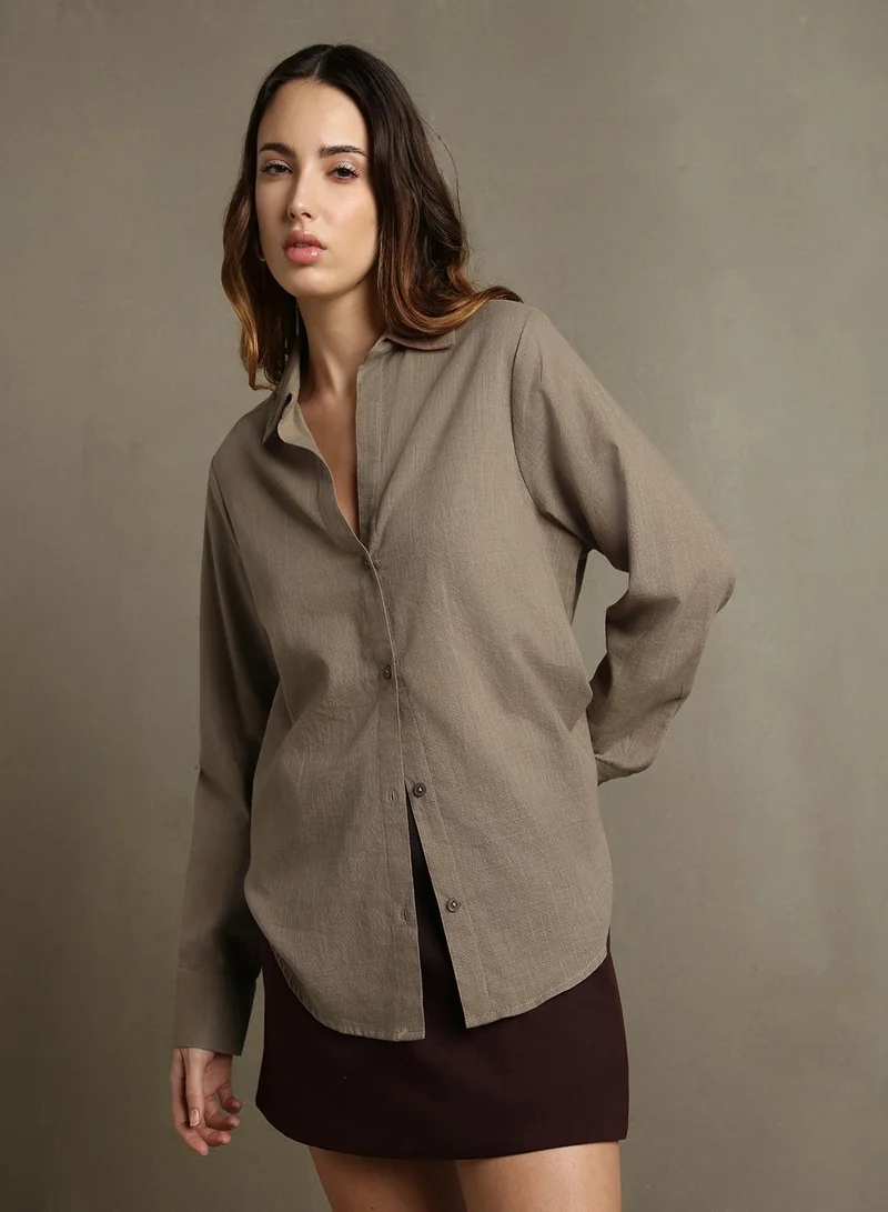 Women's Brown Cotton Blend Textured Oversized Shirt