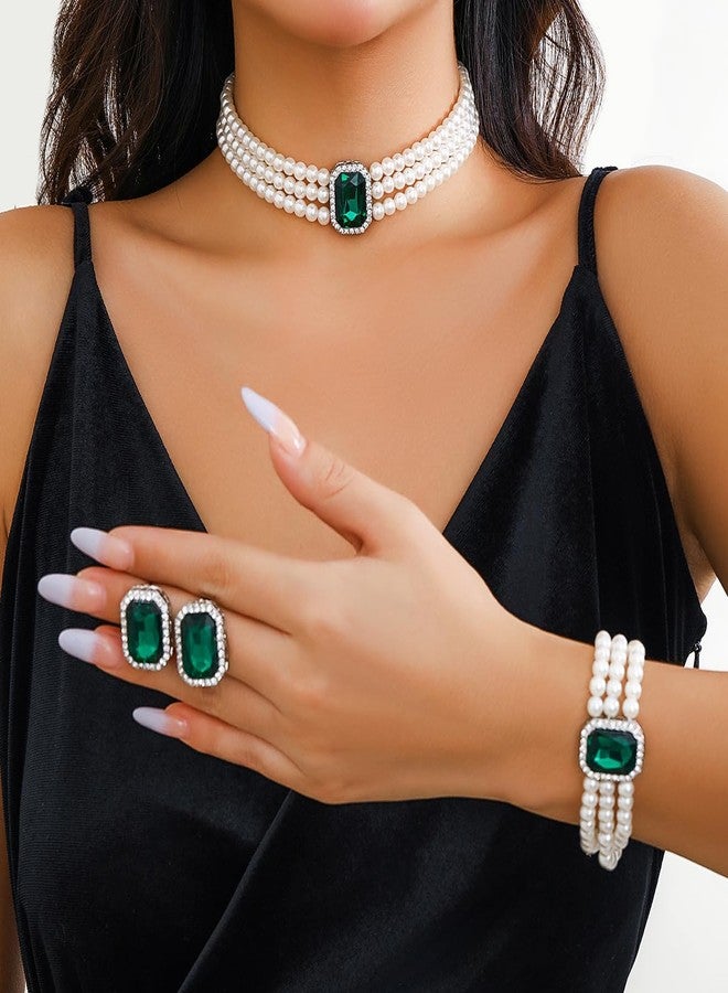 ZMANYIJEW Pearl Earrings Necklace Bracelet Set for Women Wedding Rhinestone Crystal Pearl Jewelry Set Bride Bridesmaid Dainty Jewelry Gift for Women (green, Square crystal) - Image 4