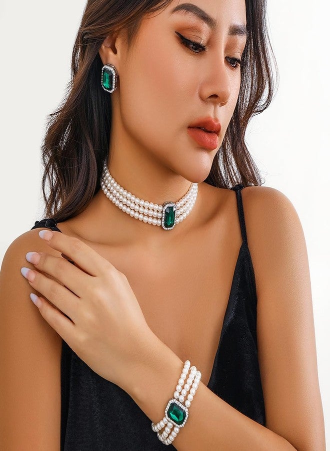 ZMANYIJEW Pearl Earrings Necklace Bracelet Set for Women Wedding Rhinestone Crystal Pearl Jewelry Set Bride Bridesmaid Dainty Jewelry Gift for Women (green, Square crystal) - Image 3