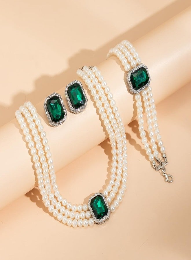 ZMANYIJEW Pearl Earrings Necklace Bracelet Set for Women Wedding Rhinestone Crystal Pearl Jewelry Set Bride Bridesmaid Dainty Jewelry Gift for Women (green, Square crystal) - Image 5
