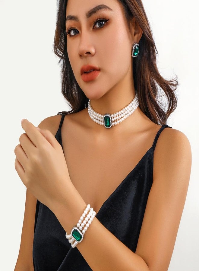 ZMANYIJEW Pearl Earrings Necklace Bracelet Set for Women Wedding Rhinestone Crystal Pearl Jewelry Set Bride Bridesmaid Dainty Jewelry Gift for Women (green, Square crystal) - Image 2