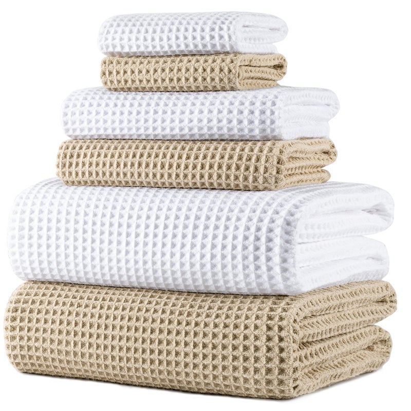 POLYTE 430 GSM Microfiber Quick Dry Lint Free Oversize Bath Towel Set, 6 Piece (Waffle Weave) - Image 1
