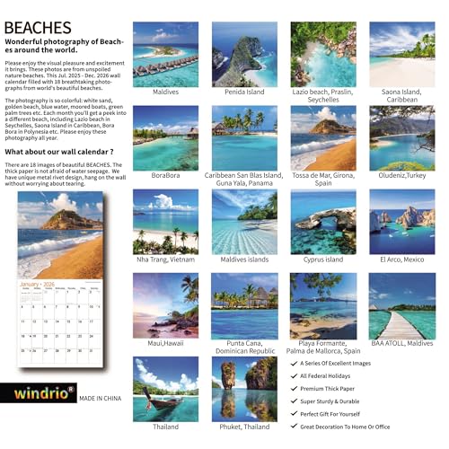 windrio 2026 Wall Calendar,Calendar 2026, July 2025 - December 2026, Wall Calendar Beaches, 12" x 24" Opened,Full Page Months Thick & Sturdy Paper for Calendar Organizing & Planning - Image 2