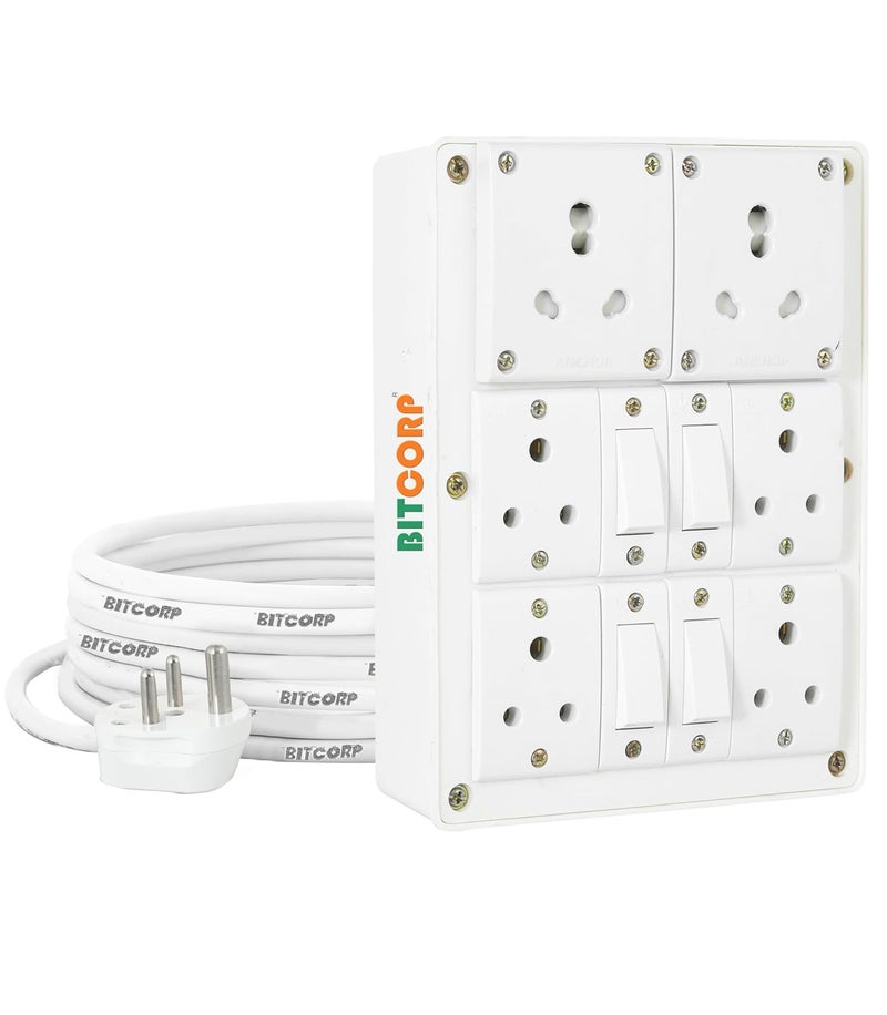 Bitcorp Extension Board Heavy Duty Junction Box 6A 16A 20A 6 Way Socket 4 Switch 3500 Load Capacity High Voltage with Thermal Protection Surge Control 1 Meter Long Cable Cord White - Image 1