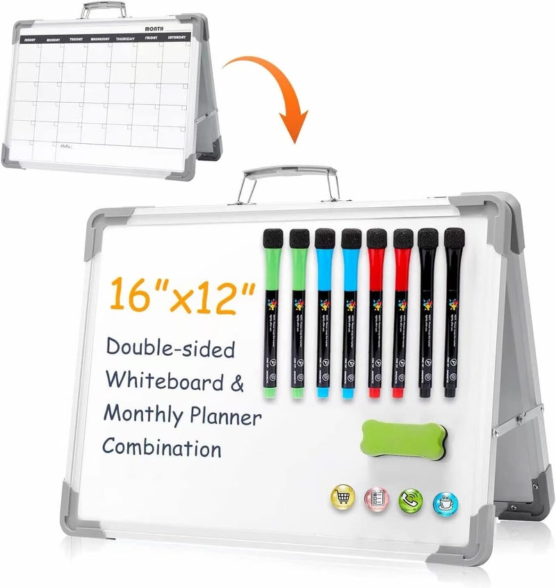 Tinkee Magnetic Dry Erase Board with Calendar - Small Double Sided Whiteboard on Desktop with Monthly Schedule Planner, Portable Folding White Board on Table Top for Drawing, Teacher Students Classroom - Image 1