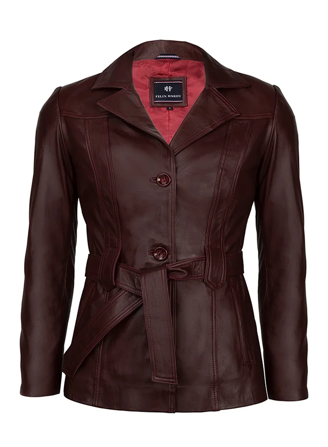 FELIX HARDY Genuine Leather Bordeaux Classic Jacket with Belt