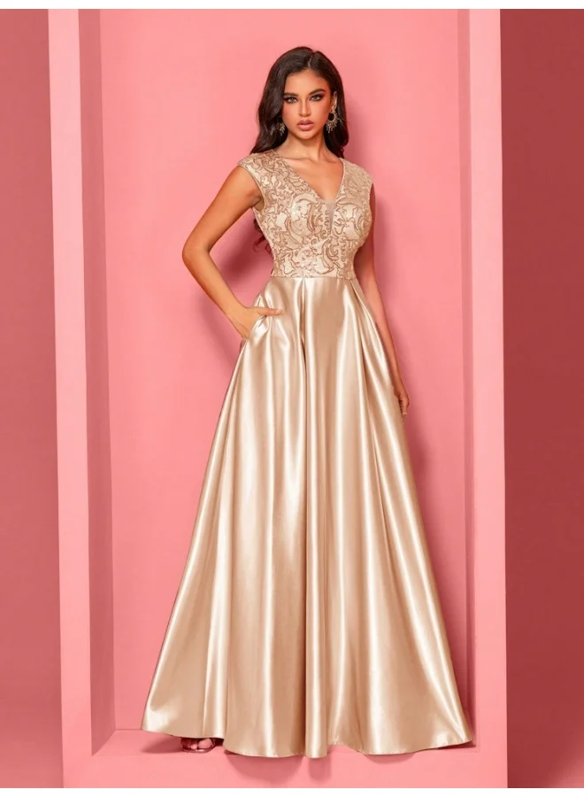 Madam Uniq Elegant Champagne Satin Gown, Lace Bodice & Flowy Skirt, Formal Evening Dress