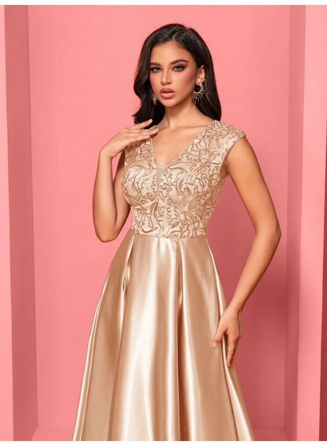 Madam Uniq Elegant Champagne Satin Gown, Lace Bodice & Flowy Skirt, Formal Evening Dress