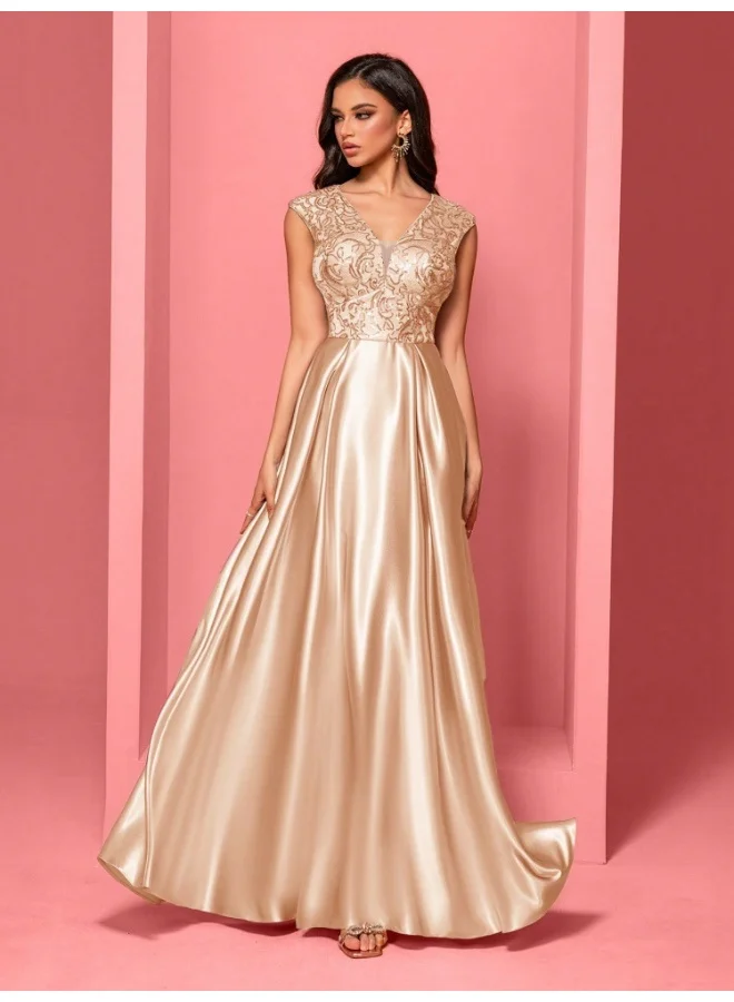 Madam Uniq Elegant Champagne Satin Gown, Lace Bodice & Flowy Skirt, Formal Evening Dress