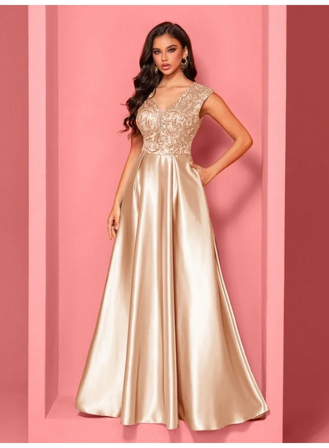 Madam Uniq Elegant Champagne Satin Gown, Lace Bodice & Flowy Skirt, Formal Evening Dress
