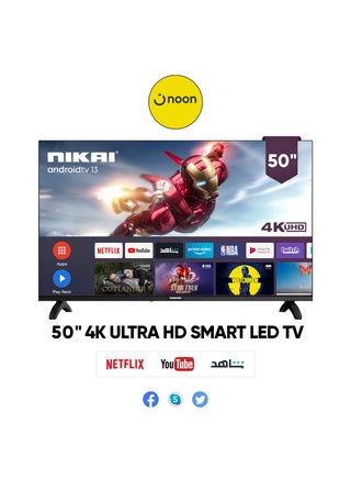 تلفاز ذكي LED 50 بوصة 4K UHD، إطار فائق النحافة، نظام أندرويد، واي فاي مدمج، معالج رباعي النواة، 1.5 جيجابايت ذاكرة عشوائية، 8 جيجابايت تخزين، معدل تحديث 60 هرتز، مكبرات صوت 16 واط