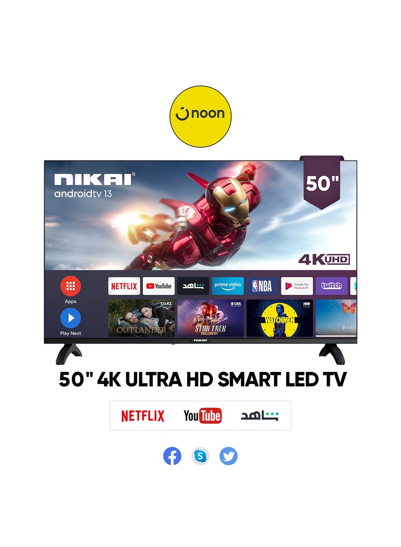 NIKAI 50 Inch 4K UHD Smart LED TV, Ultra Slim Frame, Android OS, Built-in Wi-Fi, Quad Core Processor, 1.5GB RAM, 8GB Storage, 60Hz Refresh Rate, 16W Speakers 50NK4KSLED Black - Image 1