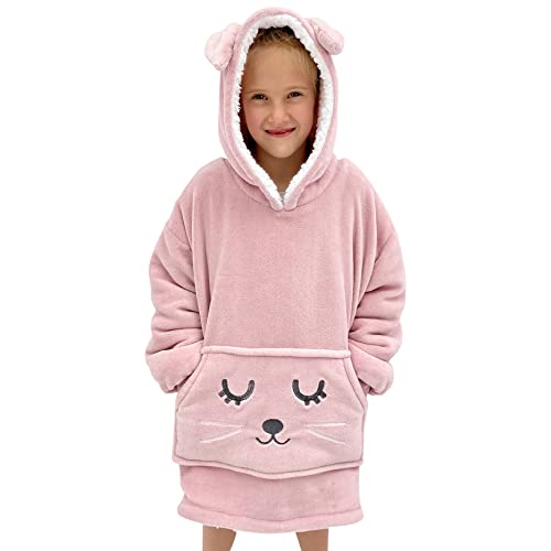 The Big Softy Wearable Blanket Kids 3-10yr, Fun Animal Kids Blanket Hoodie, Hooded Sherpa Fleece Sweatshirt, Oversized Comfy Hoodie for Boys, Girls, Toddlers (Pink Bunny) - Image 1