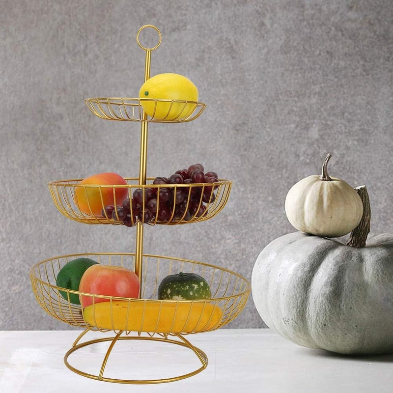 cheekyglo 3 Tier Wire Fruit Basket Stand, Metal Tiered Fruit Basket Fruit Holder Fruit Bowl Serving Basket for Fruit Vegetables Snacks(Gold) - Image 2