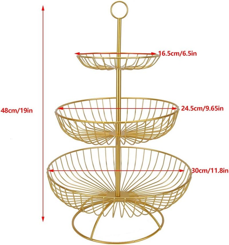 cheekyglo 3 Tier Wire Fruit Basket Stand, Metal Tiered Fruit Basket Fruit Holder Fruit Bowl Serving Basket for Fruit Vegetables Snacks(Gold) - Image 3