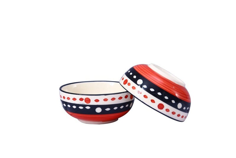 Caffeine Ceramic Handmade Orange Doodles Dessert Bowl Set of 2 150 ml