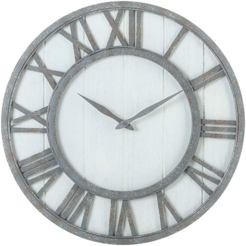 Oldtown Clocks Oldtown Farmhouse Metal  Solid Wood Noiseless Wall Clock Whitewash 18inch 