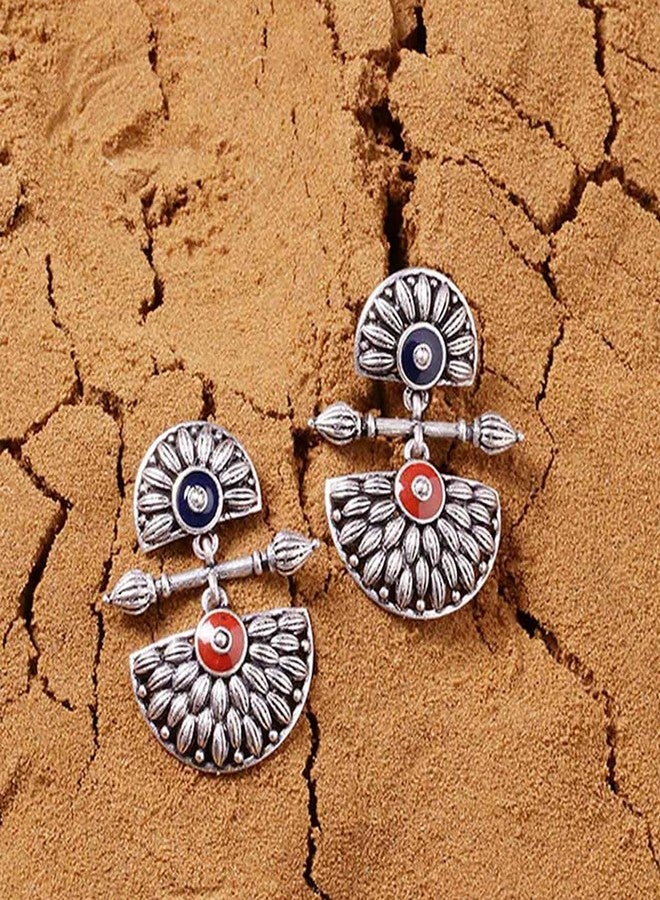 Voylla Brass Silver Oxidised Mandala Design Lightly Embellished Drop Earrings for Women and Girls - Image 2