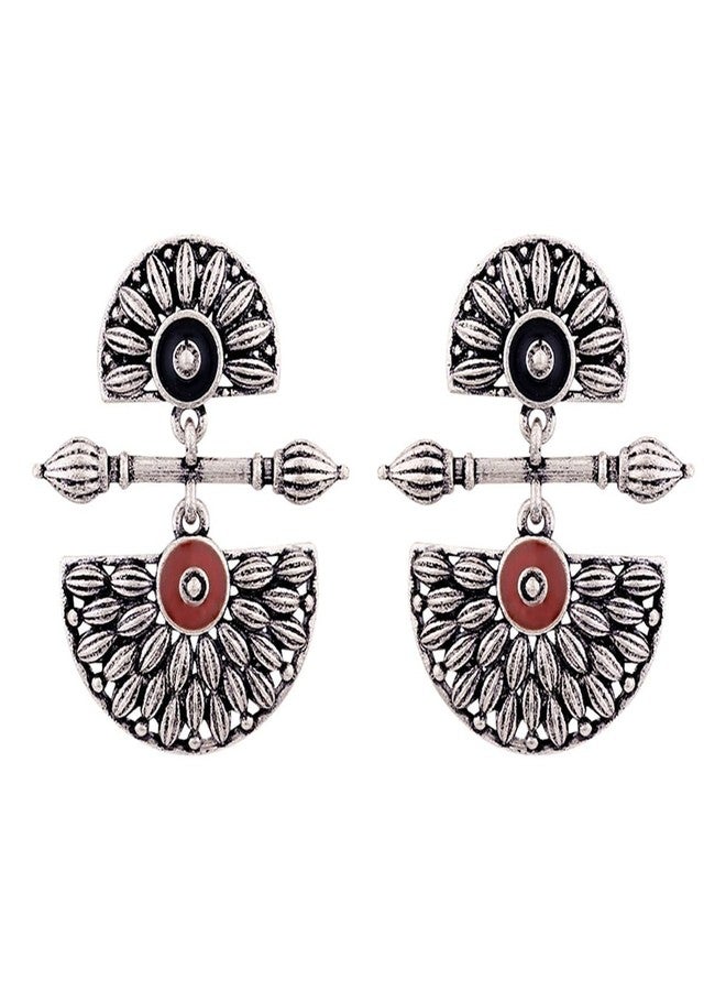 Voylla Brass Silver Oxidised Mandala Design Lightly Embellished Drop Earrings for Women and Girls - Image 1
