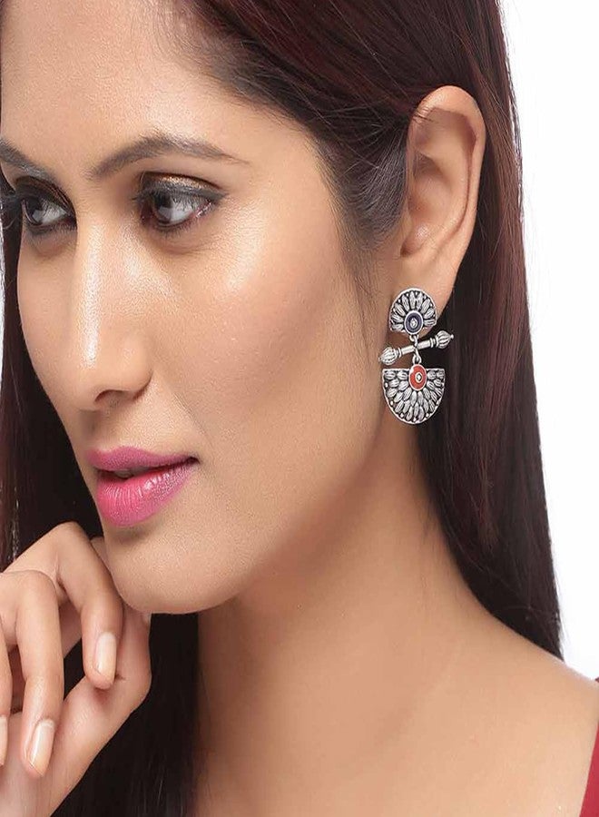 Voylla Brass Silver Oxidised Mandala Design Lightly Embellished Drop Earrings for Women and Girls - Image 3