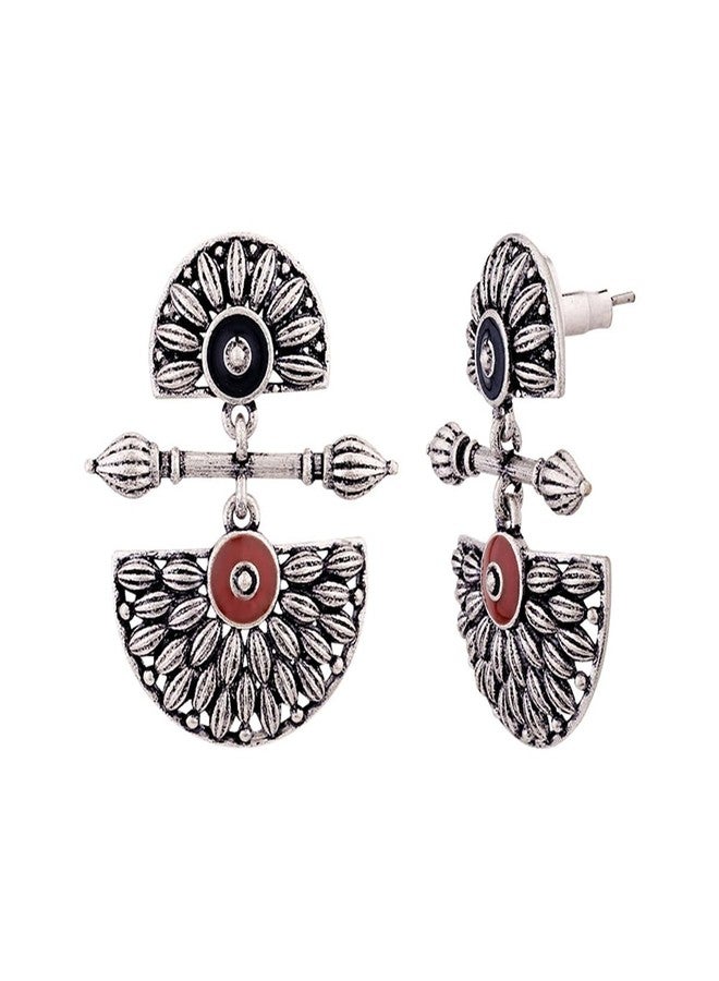 Voylla Brass Silver Oxidised Mandala Design Lightly Embellished Drop Earrings for Women and Girls - Image 4